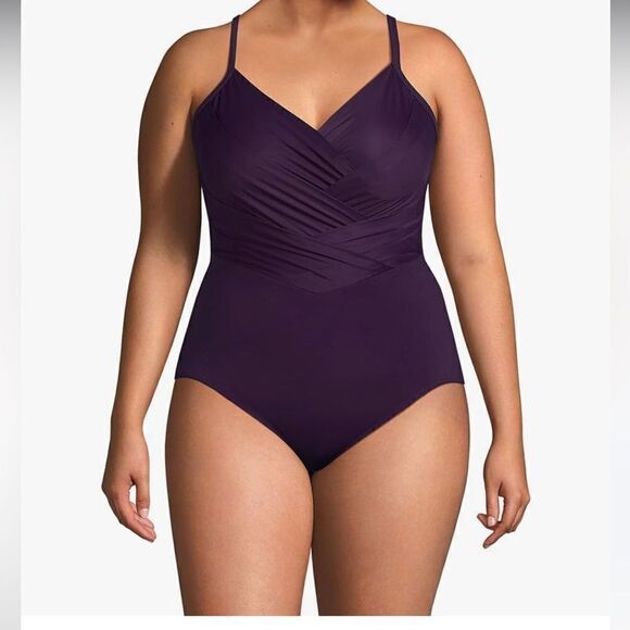 Land's EndX Back Pleated One Piece Swimsuit Various Soft Cup BlackBerry Various - Picture 4 of 7